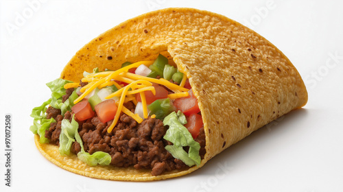 a close-up, top-down view of classic beef taco, filling the entire frame with the focus on the savory fillings