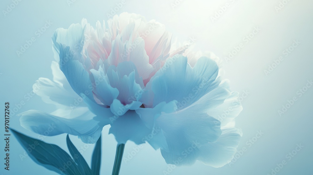 Elegant macro shot of a peony flower, with vibrant petals and delicate details, set on a soft white-light blue background Elegant macro shot of a peony flower, with vibrant petals and delicate details, set on a soft white-light blue background