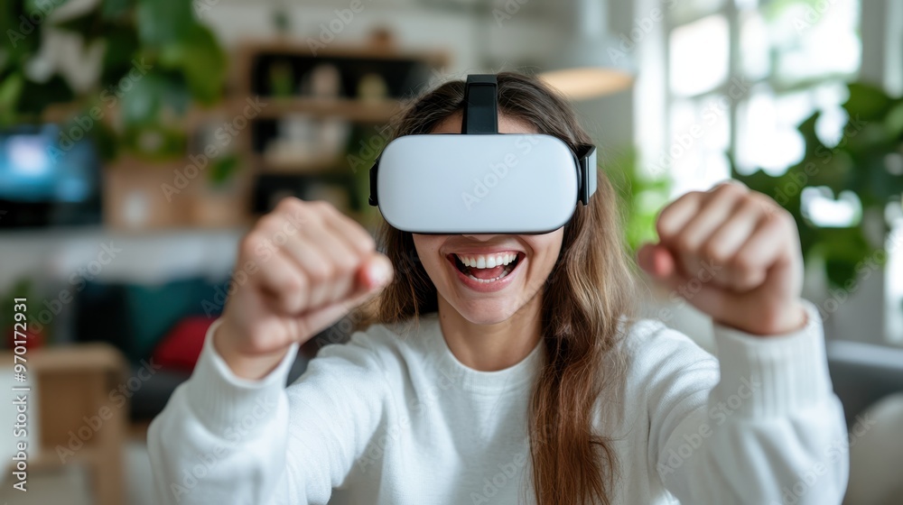A woman is experiencing a virtual reality environment, wearing a VR headset and making an excited cheering gesture with her hands raised. The background is a cozy room. A woman is experiencing a virtual reality environment, wearing a VR headset and making an excited cheering gesture with her hands raised. The background is a cozy room.