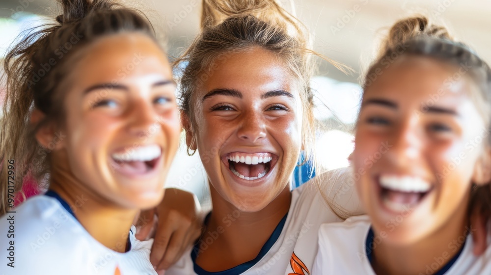 A group of three young women, dressed in casual attire, laugh and embrace each other enjoying companionship and joyful moments, exuding happiness and energy. A group of three young women, dressed in casual attire, laugh and embrace each other enjoying companionship and joyful moments, exuding happiness and energy.