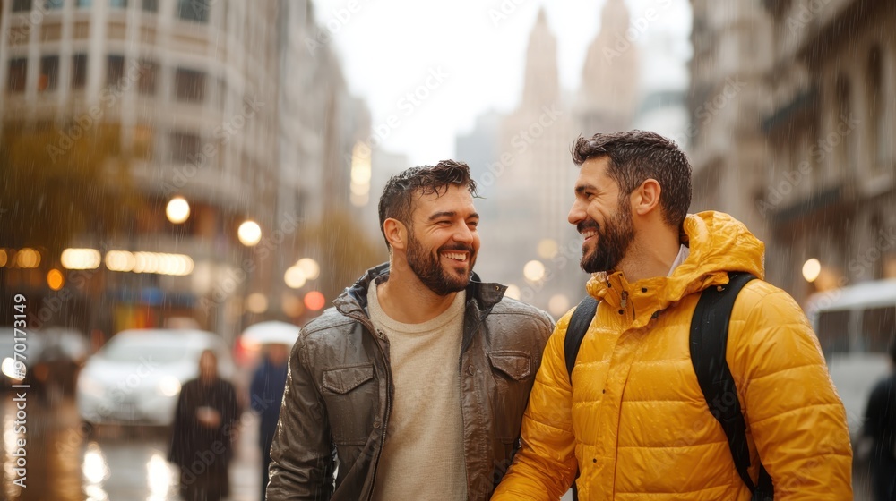 Two men, one in a yellow jacket and the other in a grey leather jacket, smile and walk together on a rainy city street with blurred buildings and lights in the background. Two men, one in a yellow jacket and the other in a grey leather jacket, smile and walk together on a rainy city street with blurred buildings and lights in the background.