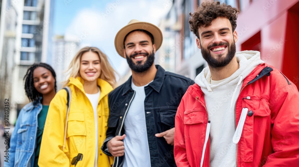 A group of four friends, dressed in colorful jackets, smiling and posing for a photo on a city street. The background shows modern buildings and a clear sky. A group of four friends, dressed in colorful jackets, smiling and posing for a photo on a city street. The background shows modern buildings and a clear sky.