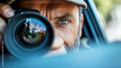 A close-up image of a man aiming a camera, focusing intently through the viewfinder for the perfect shot, emphasizing photography, precision, and the art of capturing moments. photo