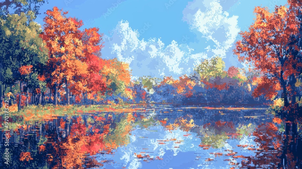 Naklejka premium Autumn Forest Lake Reflection Landscape Digital Art