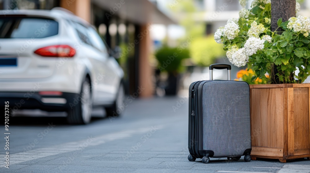 A grey suitcase is positioned next to flowering plants on the sidewalk, with two white cars parked nearby, capturing the essence of travel readiness in a city environment.