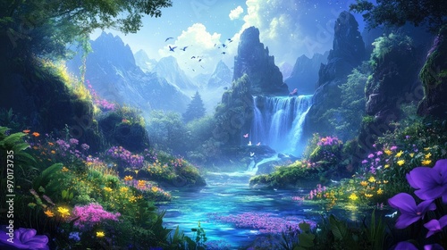 Fairy land landscape with glowing flowers, colorful rivers, and enchanted mountains, set in a lush, realistic background