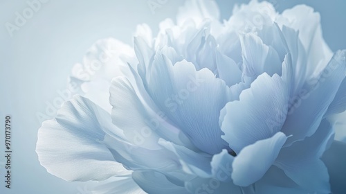 Macro photography of a stunning peony blossom, highlighting its elegant petals, set on a soft white-light blue background -