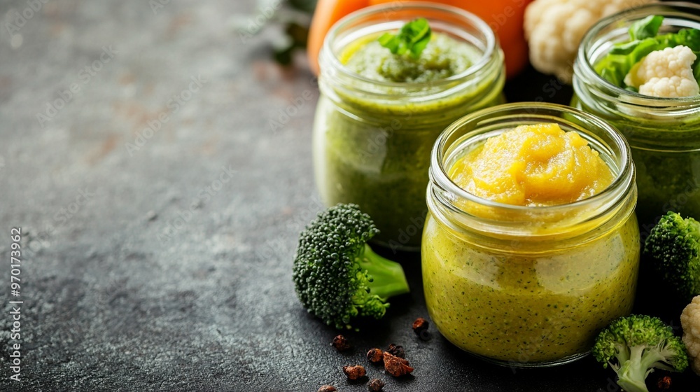 Vibrant green and yellow vegetable smoothies in glass jars, surrounded by fresh broccoli and cauliflower on a dark stone background. Healthy detox drinks. Vibrant green and yellow vegetable smoothies in glass jars, surrounded by fresh broccoli and cauliflower on a dark stone background. Healthy detox drinks.