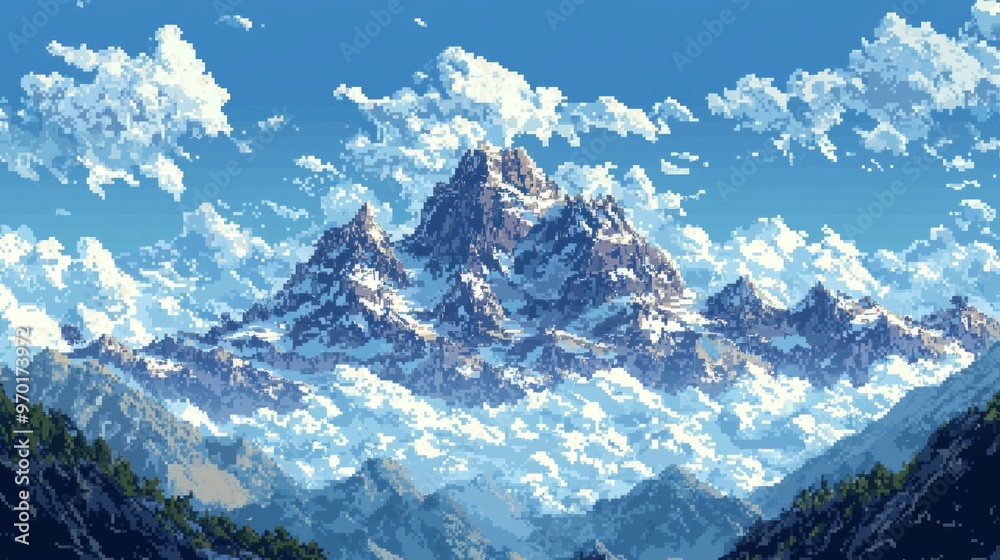 Obraz premium Pixel Art Mountain Landscape with Clouds and Sky