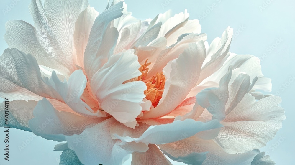 Stunning macro shot of a peony flower in full bloom, with delicate petals and a calming white-light blue background