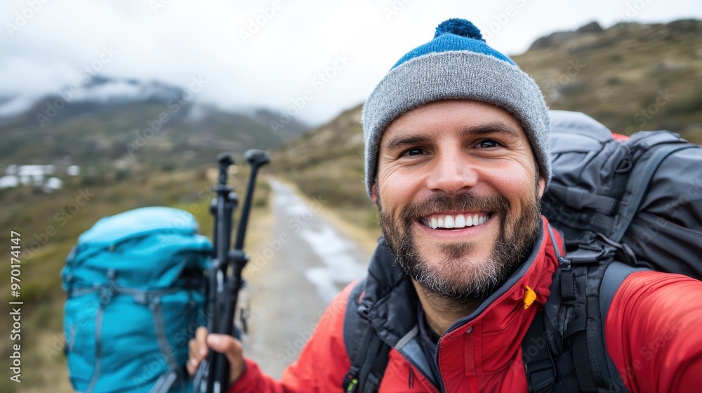 A cheerful man with a backpack and hiking gear walks on a rough mountain trail, surrounded by rocky terrain and mist-covered hills, expressing joy and adventure. A cheerful man with a backpack and hiking gear walks on a rough mountain trail, surrounded by rocky terrain and mist-covered hills, expressing joy and adventure.