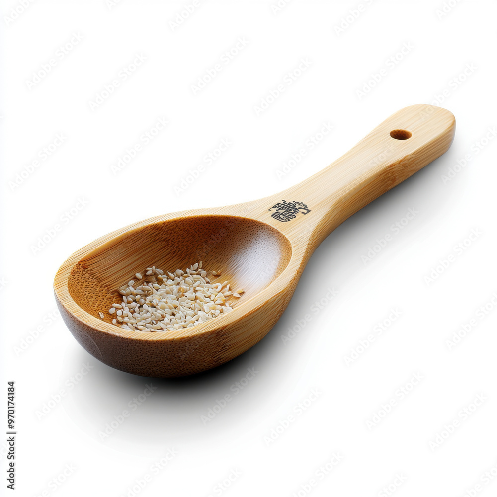 A close-up of a wooden spoon filled with sesame seeds, placed on a simple white background for a minimalist feel. A close-up of a wooden spoon filled with sesame seeds, placed on a simple white background for a minimalist feel.