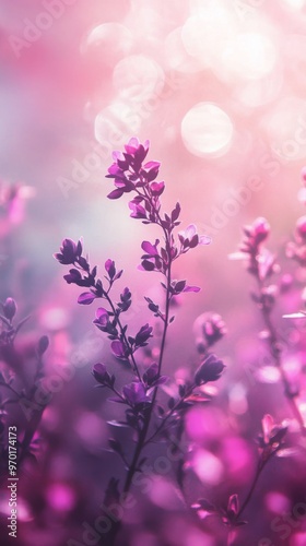 Delicate pink and purple flowers in soft focus with dreamy bokeh background