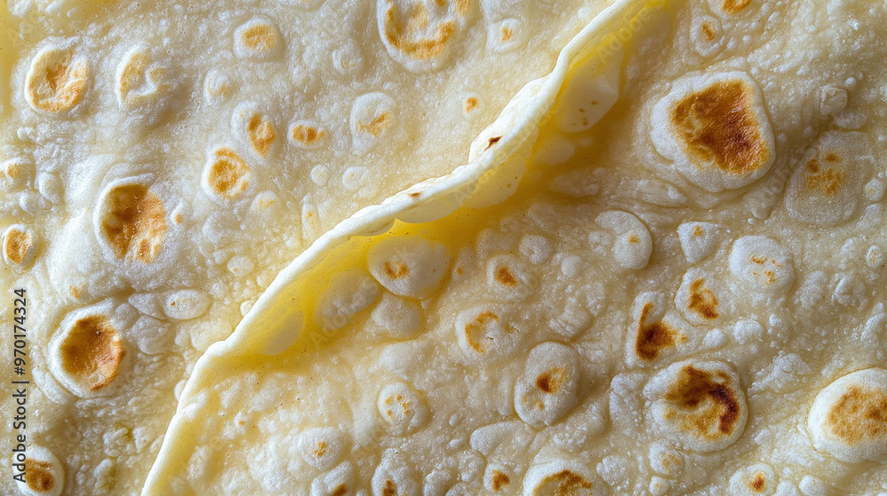 a close-up, top-down view of flour tortilla, filling the entire frame with the focus on the soft, pillowy texture a close-up, top-down view of flour tortilla, filling the entire frame with the focus on the soft, pillowy texture