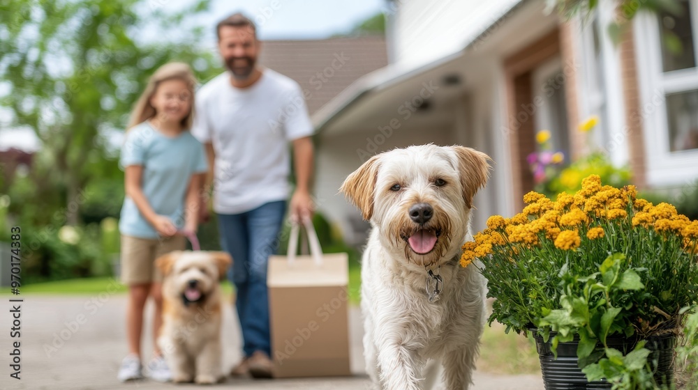 A family of three takes a walk with their joyful dogs near a suburban house. The scene emphasizes happiness, companionship, and suburban life, with flowers in the foreground. A family of three takes a walk with their joyful dogs near a suburban house. The scene emphasizes happiness, companionship, and suburban life, with flowers in the foreground.