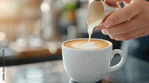 A barista pours milk into a cup of coffee, creating intricate latte art. The image showcases the artistry and skill involved in coffee making, emphasizing the beauty of simple pleasures.