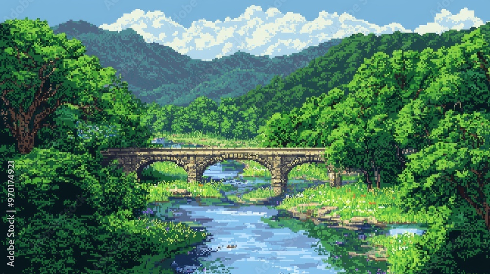 Stone Bridge Over River in Forest Landscape Stone Bridge Over River in Forest Landscape