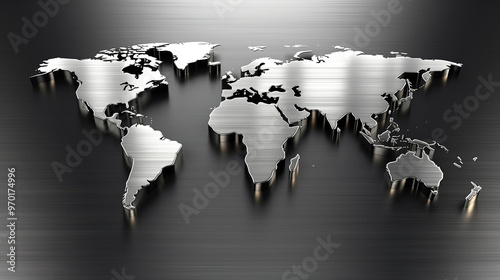 Abstract silver world map isolated in dark backdrop. Global silver market, production, and investments concepts