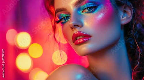 Vibrant neon-lit portrait showcasing bold makeup artistry with electric blue eyeshadow and glossy red lips, set against a backdrop of colorful bokeh lights.