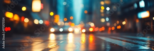 Blurred urban nightscape with glowing lights reflecting on wet city streets, creating a dreamy and atmospheric scene of bustling metropolitan life.