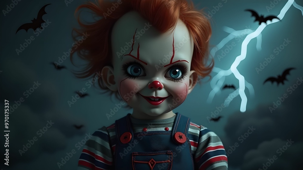 Halloween style dolls on background with bats, dark clouds, lightning Halloween style dolls on background with bats, dark clouds, lightning
