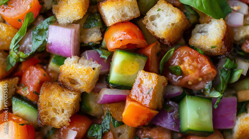 a close-up, top-down view of panzanella salad, filling the entire frame with the focus on the chunky, rustic ingredients photo