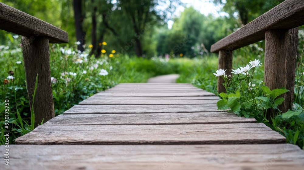 A serene wooden pathway surrounded by vibrant green plants and flowers, leading through a tranquil setting in the midst of lush nature, ideal for peaceful walks and reflection. A serene wooden pathway surrounded by vibrant green plants and flowers, leading through a tranquil setting in the midst of lush nature, ideal for peaceful walks and reflection.
