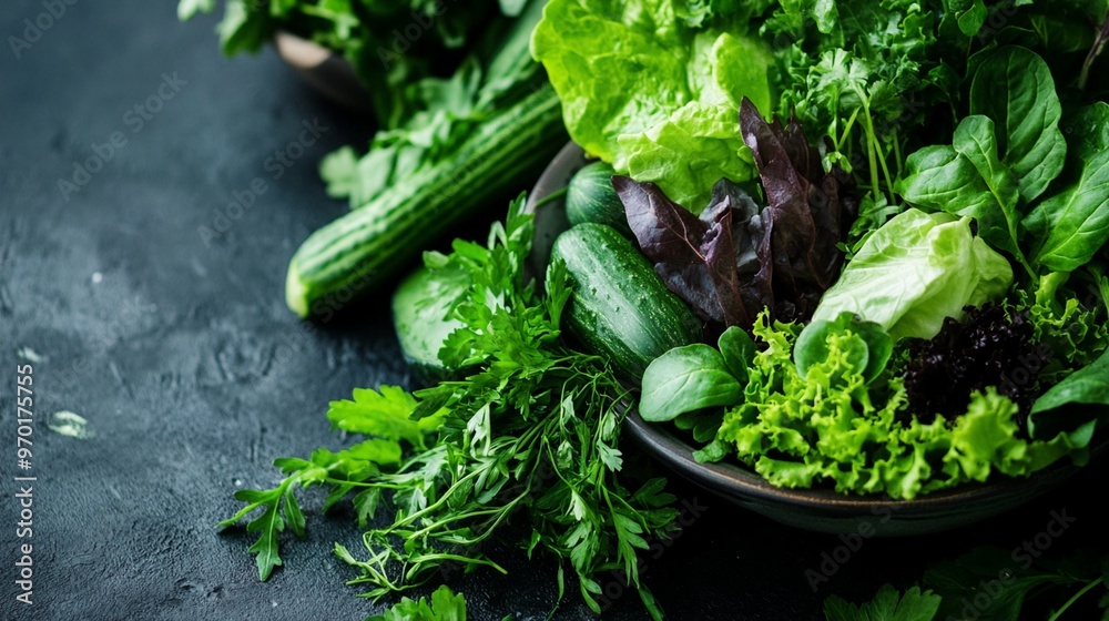 Fresh green vegetables and herbs in a dark bowl on textured background, showcasing vibrant colors and textures of healthy, organic produce. Fresh green vegetables and herbs in a dark bowl on textured background, showcasing vibrant colors and textures of healthy, organic produce.