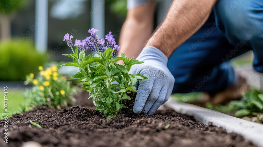 Fototapeta premium Close-up of hands with gloves planting blooming flowers in a garden bed, showcasing the delicate task and care in nurturing garden plants; flowers in bloom are focus.