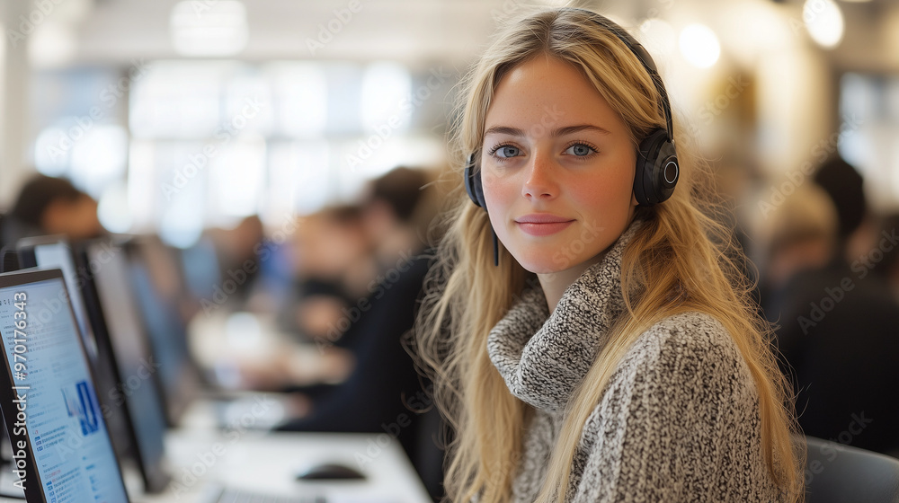 A busy office environment, where B2C customer service representatives handle inquiries via chat and phone. A busy office environment, where B2C customer service representatives handle inquiries via chat and phone.