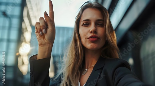 The hands of the businessmanwoman are pointing to touch something Is an object for graphic lines, able to add anything.