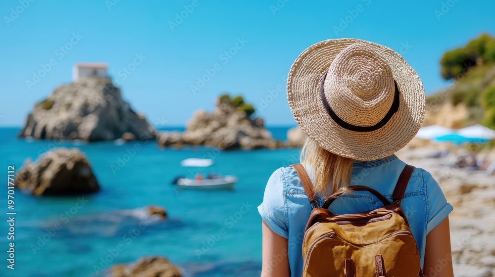 Fototapeta premium A traveler wearing a straw hat and backpack gazes at a picturesque rocky coastline, with blue waters and distant structures creating a tranquil and exploratory ambiance.
