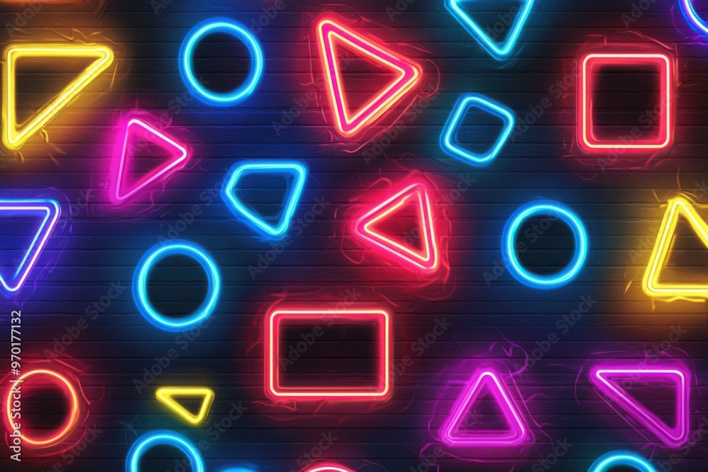 Vibrant Neon Shapes on a Brick Wall