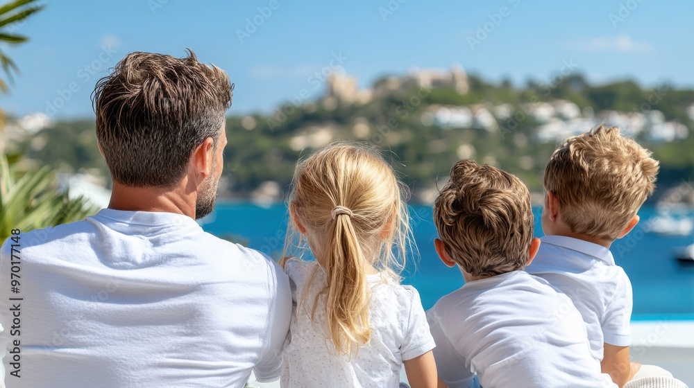 A family, seen from behind, gazes out over a scenic landscape with water and distant buildings, symbolizing togetherness, serenity, and the beauty of nature and adventure. A family, seen from behind, gazes out over a scenic landscape with water and distant buildings, symbolizing togetherness, serenity, and the beauty of nature and adventure.