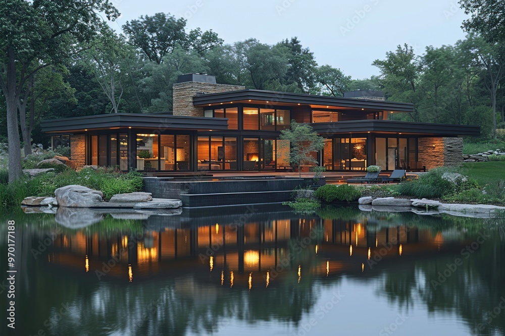 Modern House Reflecting on Still Water Modern House Reflecting on Still Water