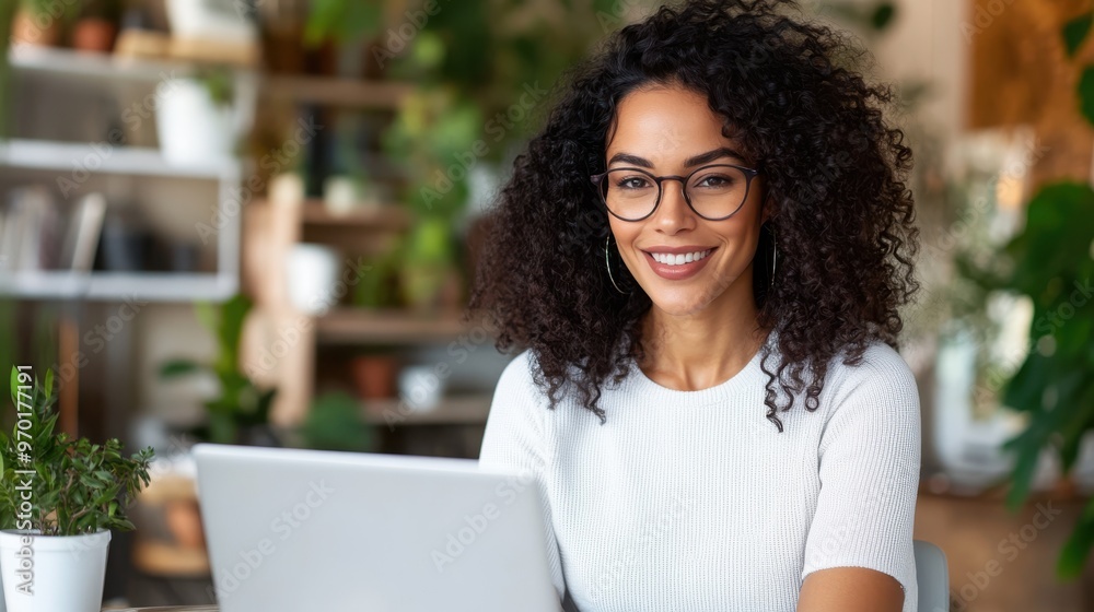 A confident woman with curly hair and glasses is sitting at a desk in an office environment, working on her laptop surrounded by plants, exuding professionalism. A confident woman with curly hair and glasses is sitting at a desk in an office environment, working on her laptop surrounded by plants, exuding professionalism.