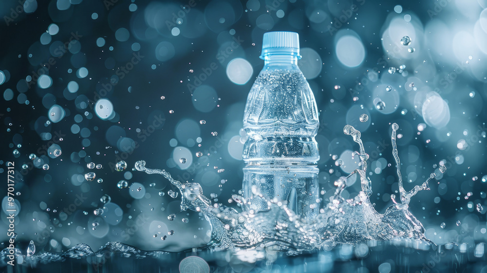 Mineral water. Falling glass bottle. A plastic bottle in the middle and flying splashes and drops of water around. Mineral water. Falling glass bottle. A plastic bottle in the middle and flying splashes and drops of water around.