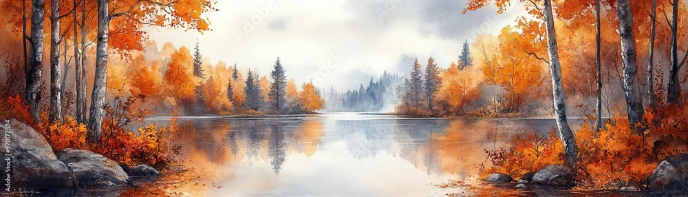 A panoramic view of an autumnal forest with a calm lake a turkey wanders through the crunchy leaves, with the vibrant colors providing a perfect backdrop for text A panoramic view of an autumnal forest with a calm lake a turkey wanders through the crunchy leaves, with the vibrant colors providing a perfect backdrop for text