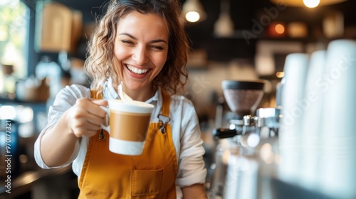 A cheerful barista, wearing a yellow apron, smiling warmly while holding a coffee mug in a lively and cozy cafe environment, embodying hospitality and joy.