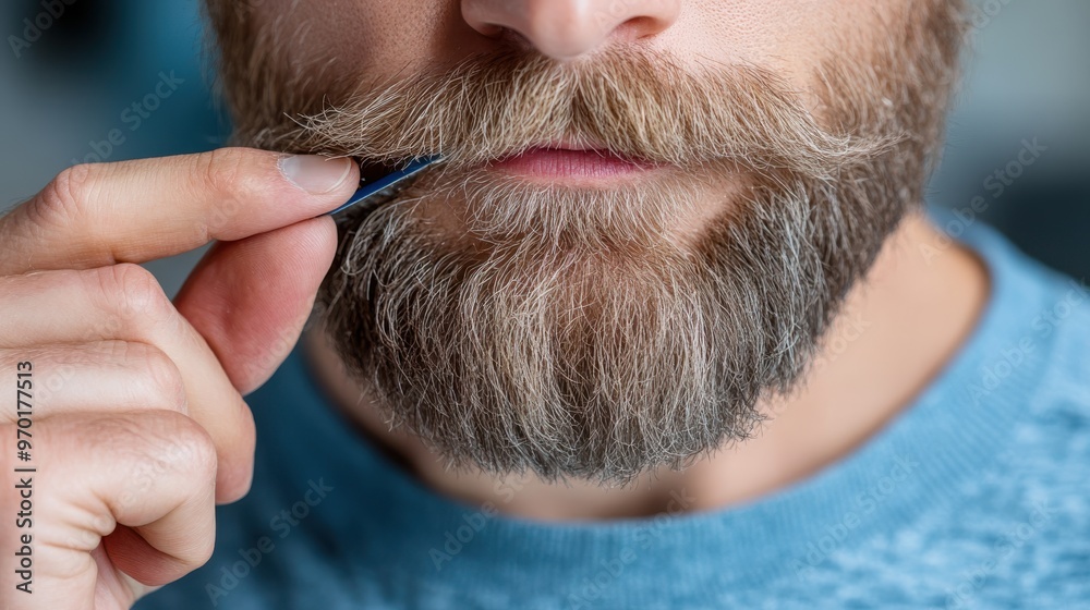 A close-up view of a bearded man meticulously adjusting his moustache with tweezers. This image highlights grooming, precision, and personal care. A close-up view of a bearded man meticulously adjusting his moustache with tweezers. This image highlights grooming, precision, and personal care.