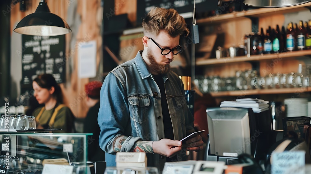 stylish man paying payment with at coffee shop. Satisfied customer paying through mobile phone using contactless technology. stylish man paying payment with at coffee shop. Satisfied customer paying through mobile phone using contactless technology.