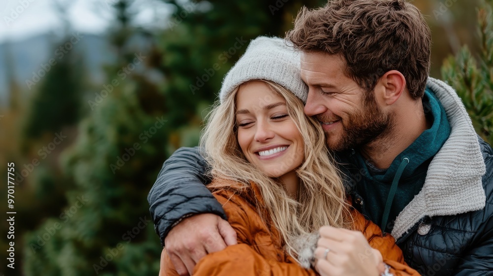 A joyful couple is seen sharing a warm hug in a serene forest setting, both smiling radiantly, capturing a moment of love, companionship, and happiness in nature. A joyful couple is seen sharing a warm hug in a serene forest setting, both smiling radiantly, capturing a moment of love, companionship, and happiness in nature.