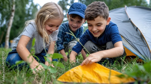 Three joyful children, two boys and a girl, are enthusiastically exploring the natural environment at a campsite, with tents and greenery surrounding them on a sunny day.