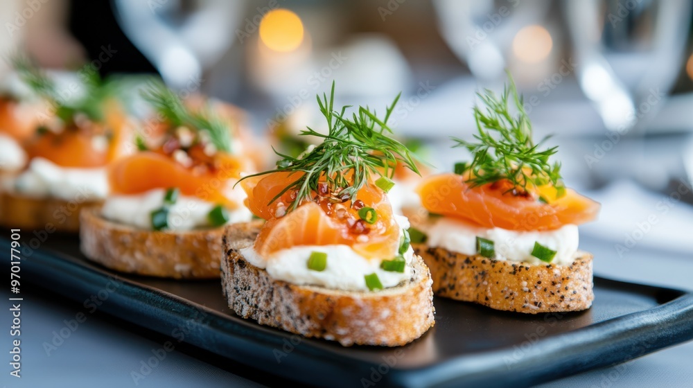 A close-up shot of elegant canapés topped with fresh salmon, cream cheese, and garnished with dill, served on a decorative platter in a fine dining setting. A close-up shot of elegant canapés topped with fresh salmon, cream cheese, and garnished with dill, served on a decorative platter in a fine dining setting.