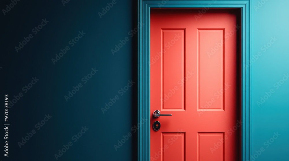 A bold, bright red door contrasting with a dark blue wall in an indoor setting, creating a striking visual aesthetic. A bold, bright red door contrasting with a dark blue wall in an indoor setting, creating a striking visual aesthetic.
