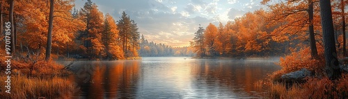 A wideangle view of an autumnal landscape with a clear