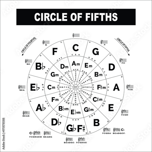 Circle of Fifths Music Theory. Piano fifths chords circle for music school or institution. Transparent. Ready for print.