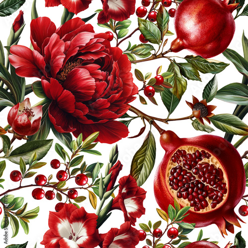 Seamless vector pattern with pomegranates, red garden flowers and berries isolated on a changeable background. Vintage painting style illustration.