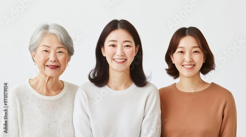 Three generations of women smiling together in a bright, neutral setting, showcasing family bonds and happiness.