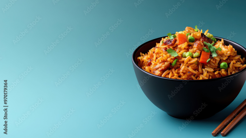 A vibrant bowl of vegetable fried rice, garnished with fresh herbs, in a black bowl against a clean blue background. A vibrant bowl of vegetable fried rice, garnished with fresh herbs, in a black bowl against a clean blue background.